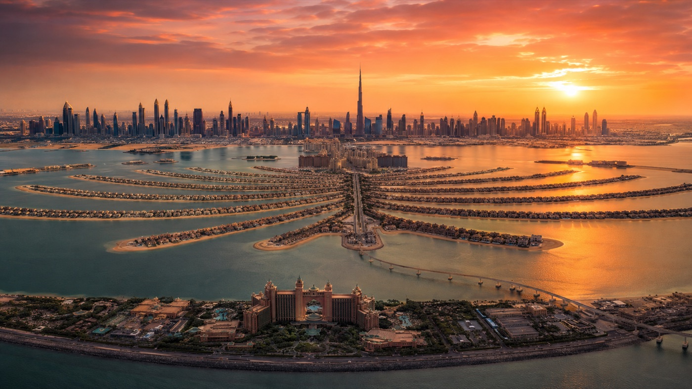 Aerial view of Palm Jumeirah and the Dubai skyline at sunset